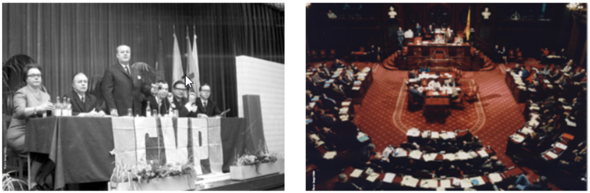 1970: Gaston Eyskens, eerste minister, en Leo Tindemans, geven uitleg over de grondwetswijziging Tot 2001 houdt het Parlement van de Franse Gemeenschap zijn vergaderingen in de Senaat.