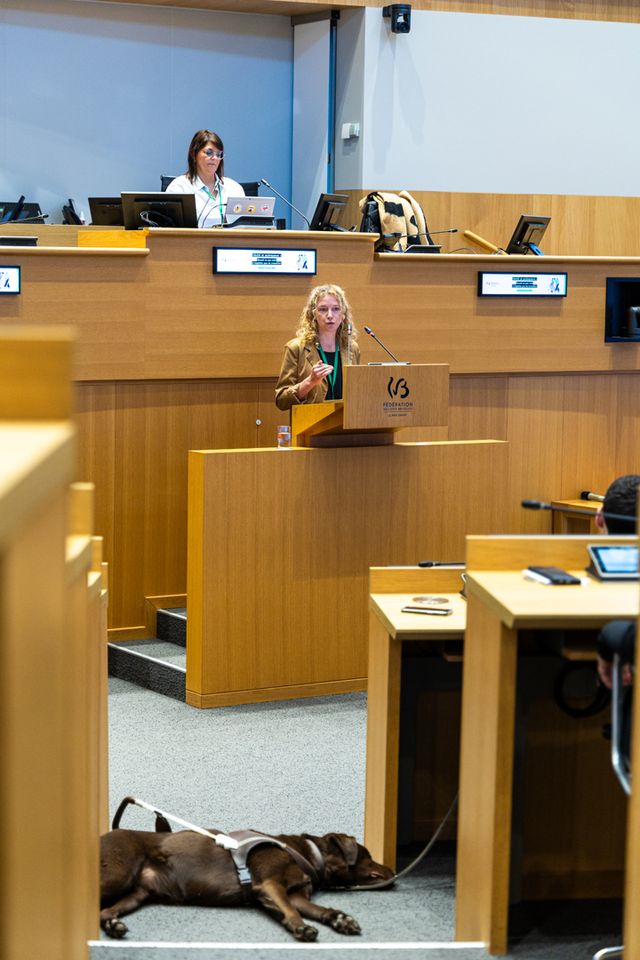 Présentation lors de la conférence cécité et malvoyance, avec en premier plan un chien d'assistance
